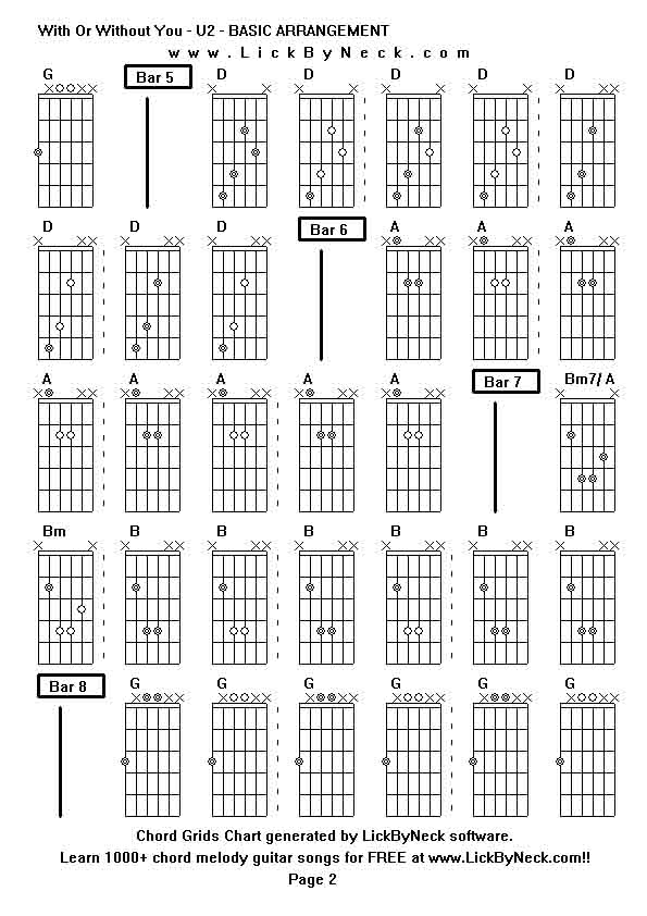 Chord Grids Chart of chord melody fingerstyle guitar song-With Or Without You - U2 - BASIC ARRANGEMENT,generated by LickByNeck software.